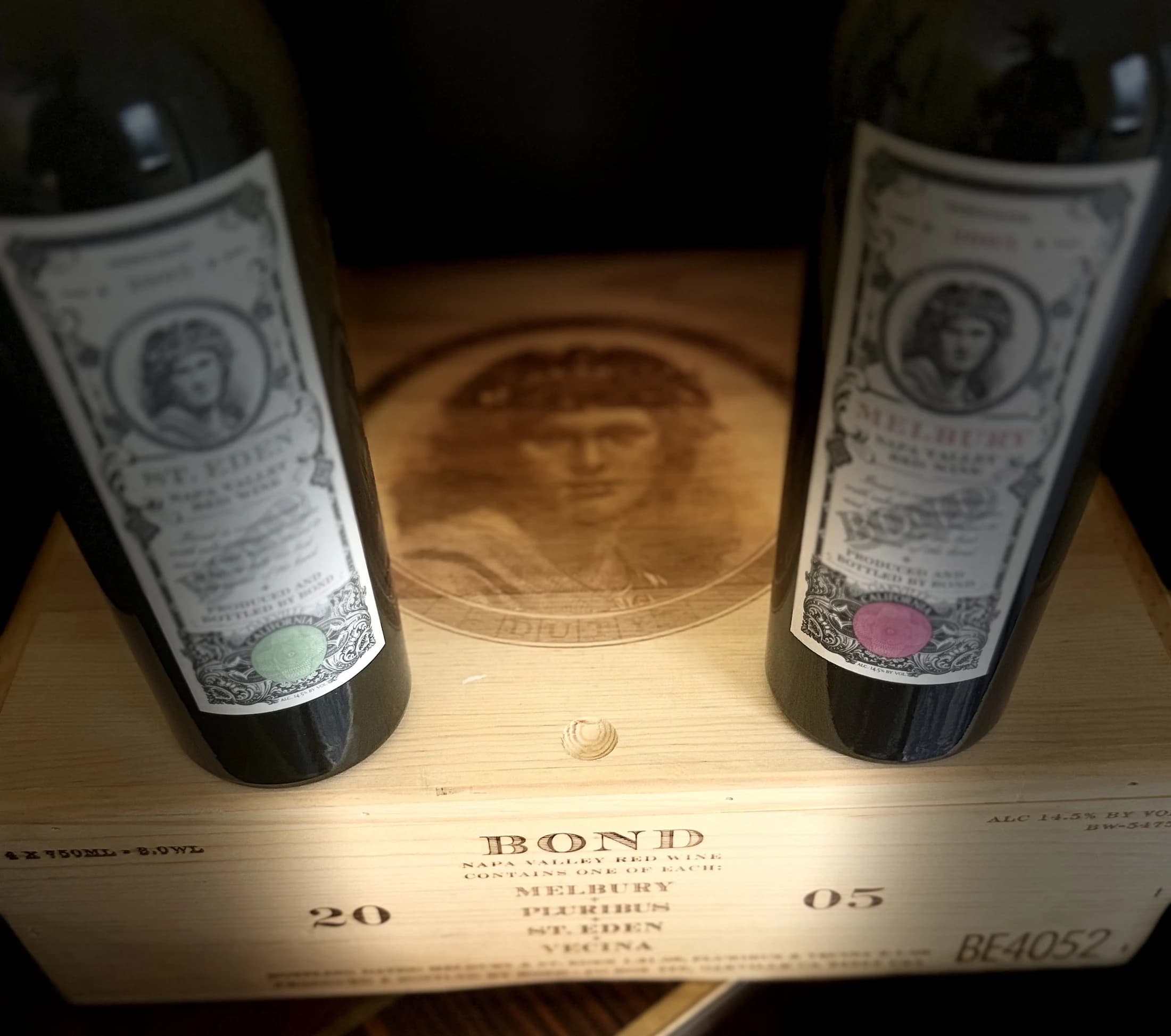 Rare, allocated bottles — BOND St. Eden and Melbury — resting in their cellar box.