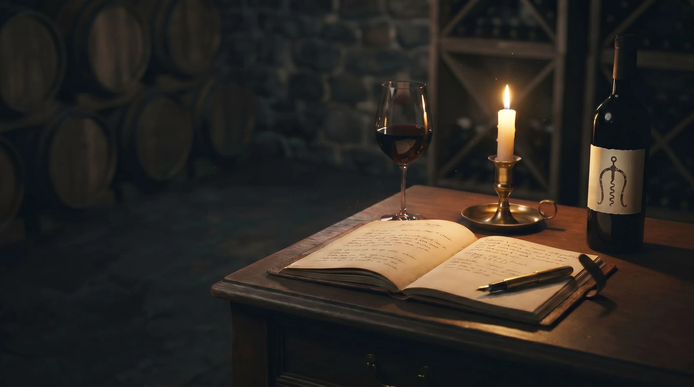 A candlelit cellar desk — an open journal of tasting notes, a glass of wine, and a VinoCadre bottle.