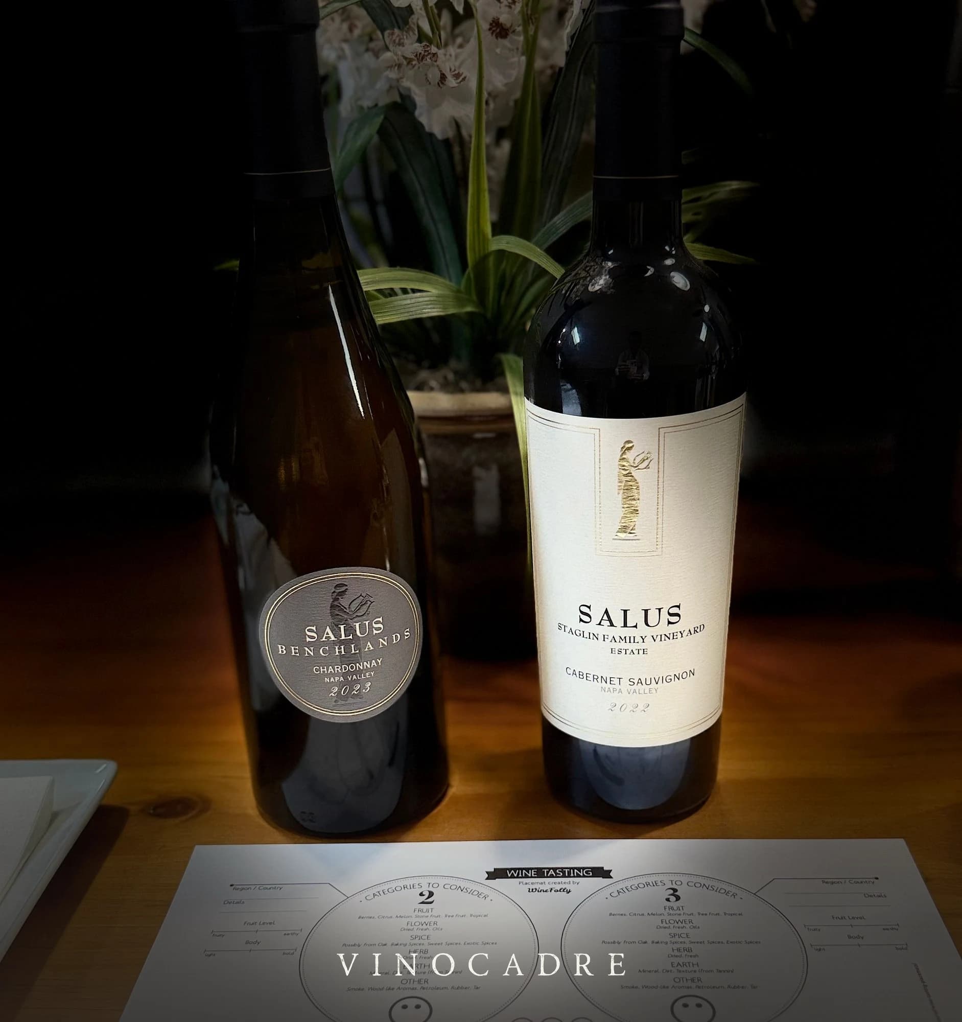 Bottle of 2023 Staglin Family "Salus" Benchlands Chardonnay & 2022 Salus Cabernet Sauvignon, Napa